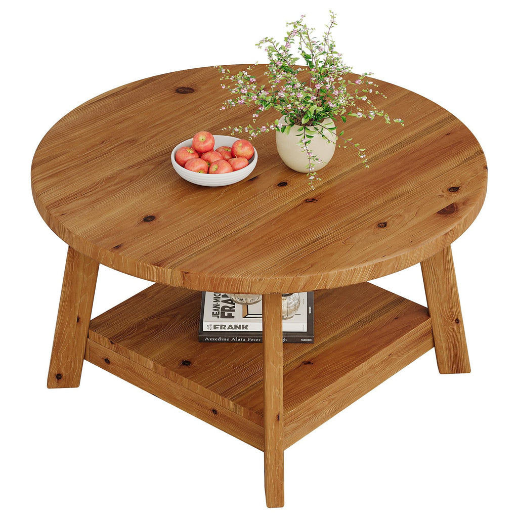 Solid Wood Round 2-Tier Coffee Table with Storage Shelf D1569