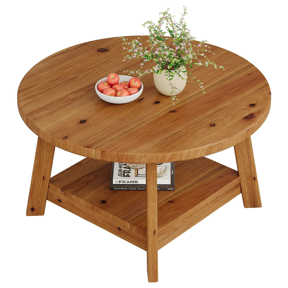Solid Wood Round 2-Tier Coffee Table with Storage Shelf D1569