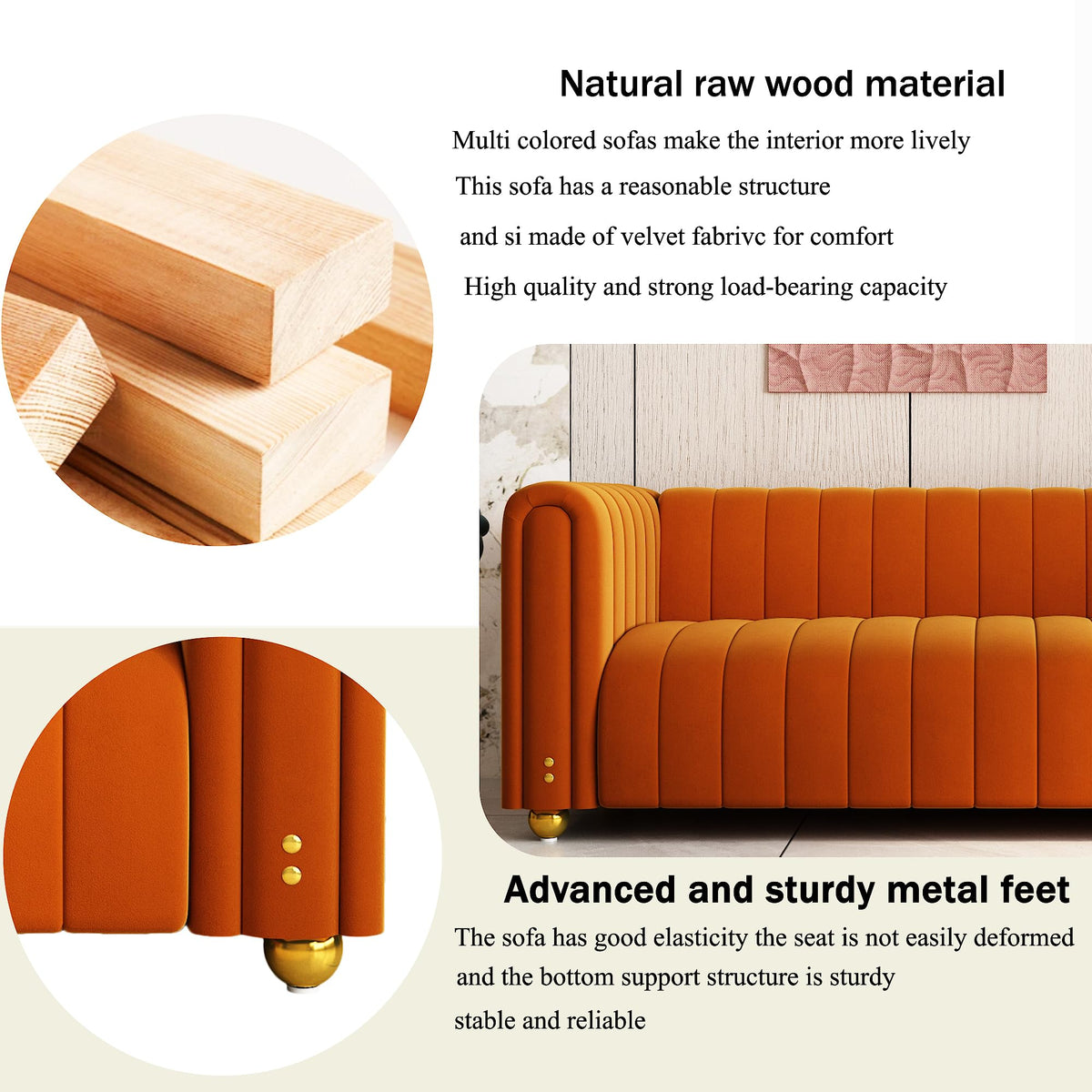 81" Orange Velvet Tufted Sofa 3 Seater with Metal Legs M139