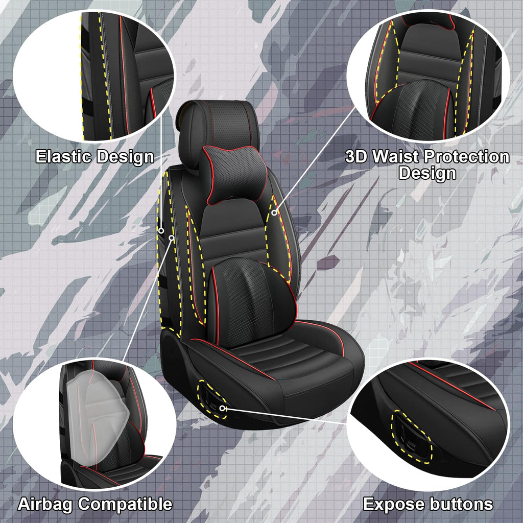 Waterproof Nappa Leather Car Seat Covers 5 Seats Black Red K198202