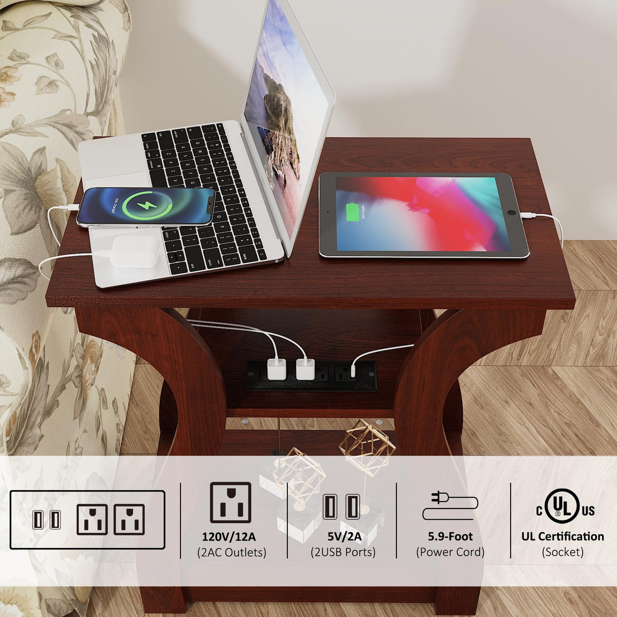 Cherry End Tables Set of 2 with Charging Station K4110