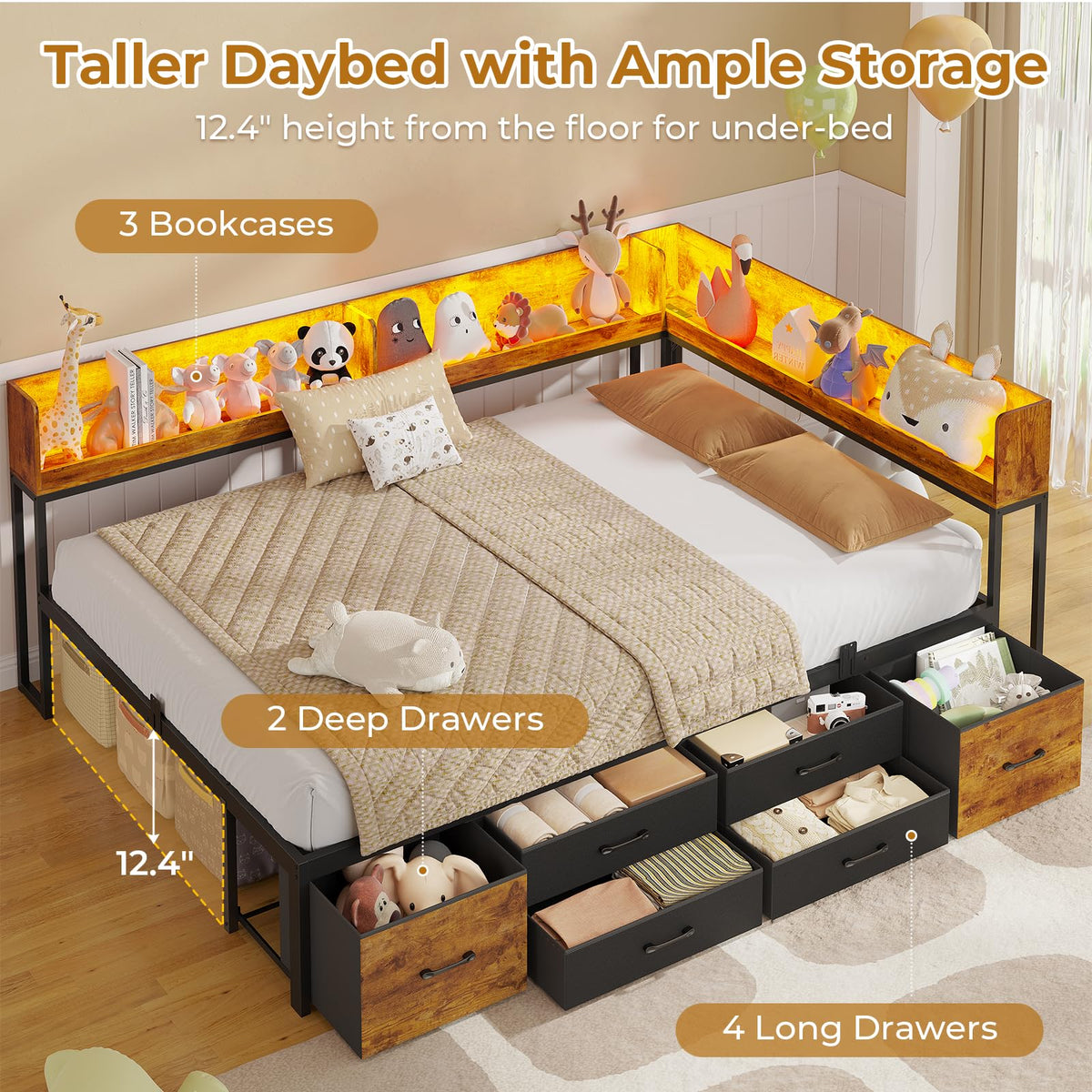 14 Inch Corner Bed Frame with Bookcase Storage, Full Daybed with 6 Drawers, Charging Station and LED Light, Black & Vintage Brown Z77470