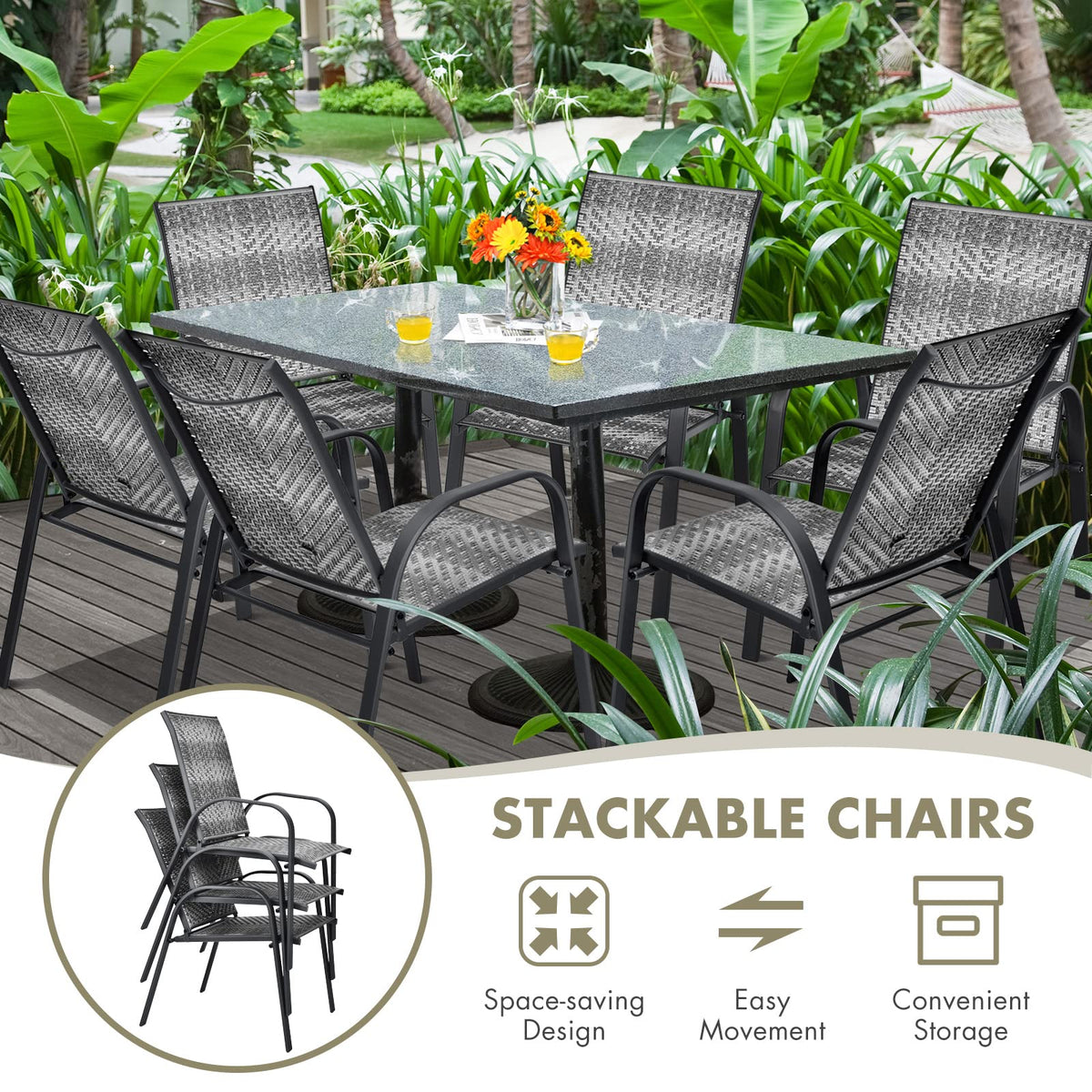 Stackable PE Wicker Patio Arm Chairs Set of 6 D268