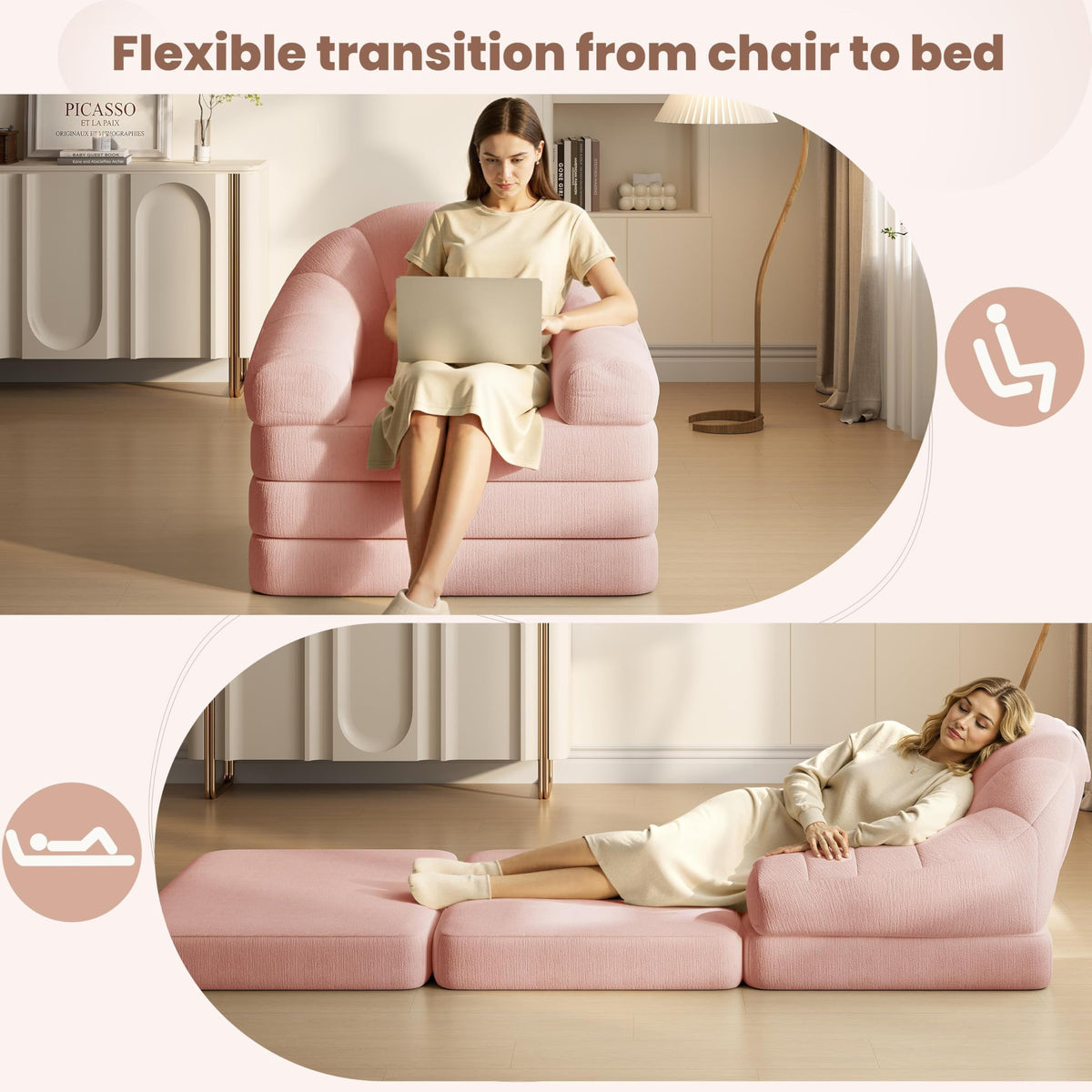Pink Chenille Convertible Sofa Bed H1711