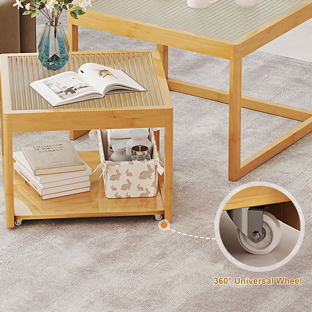 Set of 2 Square Glass Coffee Table with Bamboo Frame V54328