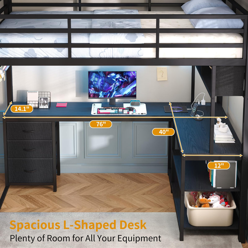 Twin Loft Bed with L-Shaped Desk and LED Lights W1217