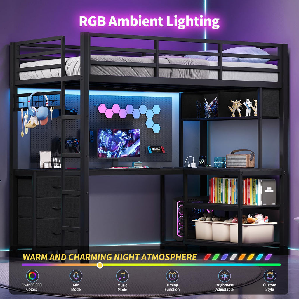 Twin Loft Bed with L-Shaped Desk and LED Lights W1217