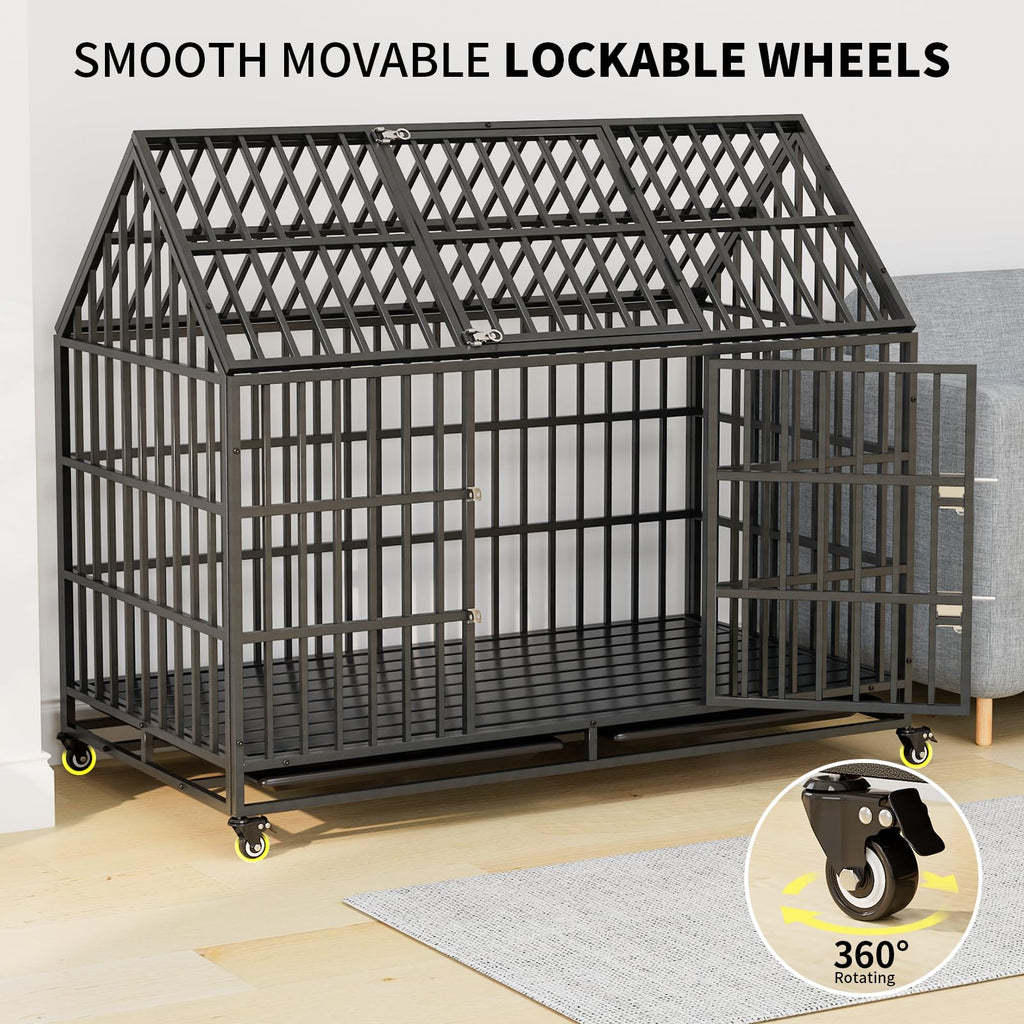 52 Inch Heavy Duty XXL Dog Crate with Open Roof Top, Trays and Wheels Q923119