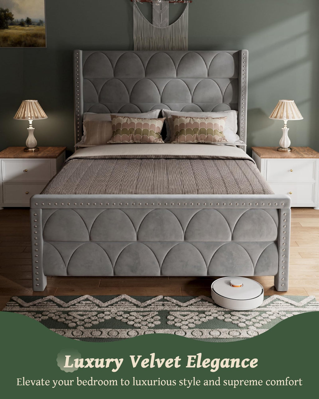 Queen Size Velvet Upholstered Platform Bed Frame I658