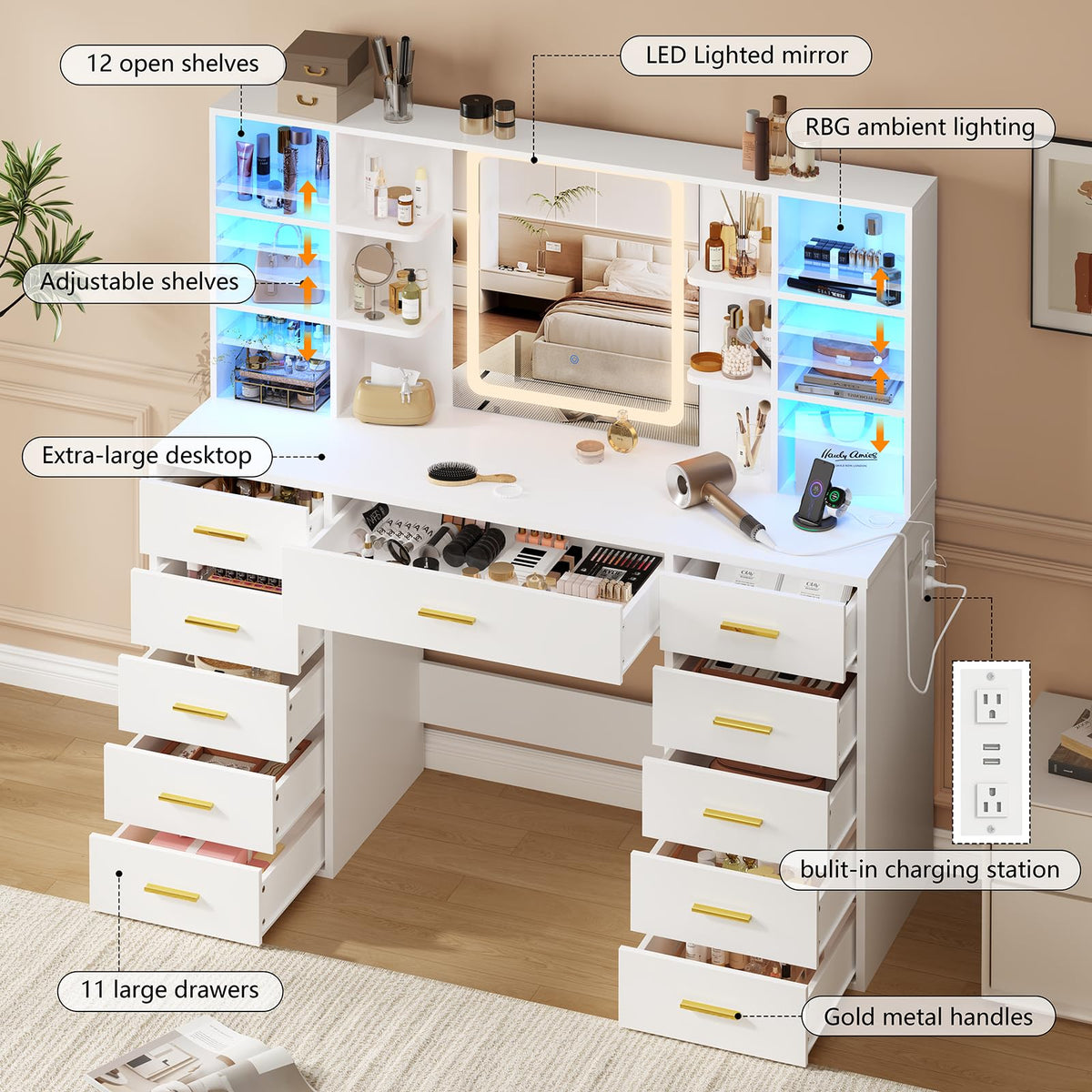 55" Extra-Wide White Makeup Vanity Desk with Lighted Mirror & 11 Drawers B181