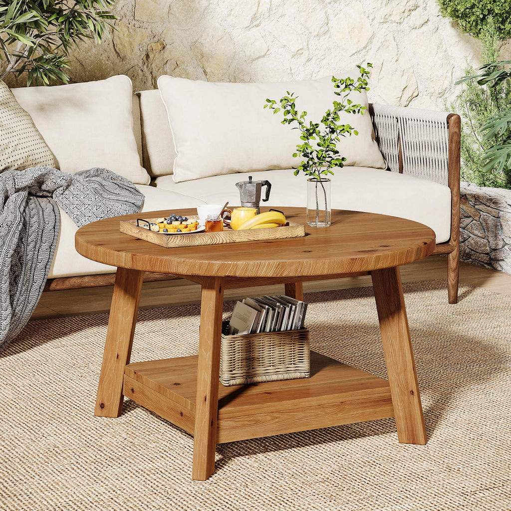 Solid Wood Round 2-Tier Coffee Table with Storage Shelf D1569