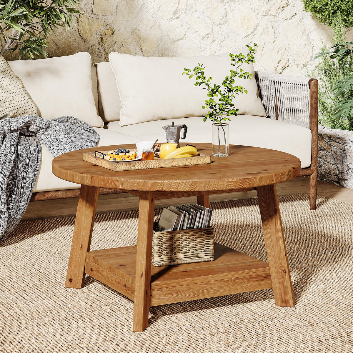 Solid Wood Round 2-Tier Coffee Table with Storage Shelf D1569