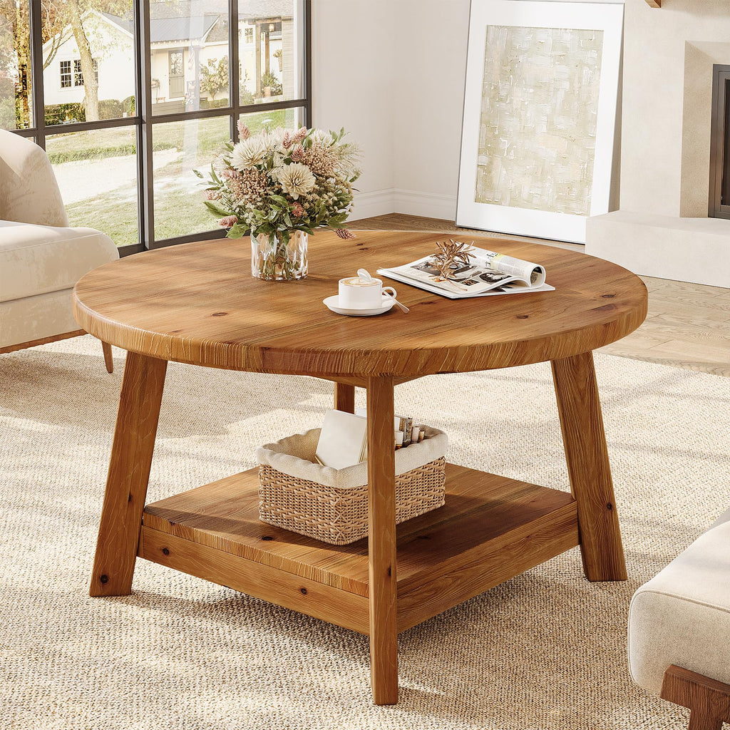 Solid Wood Round 2-Tier Coffee Table with Storage Shelf D1569