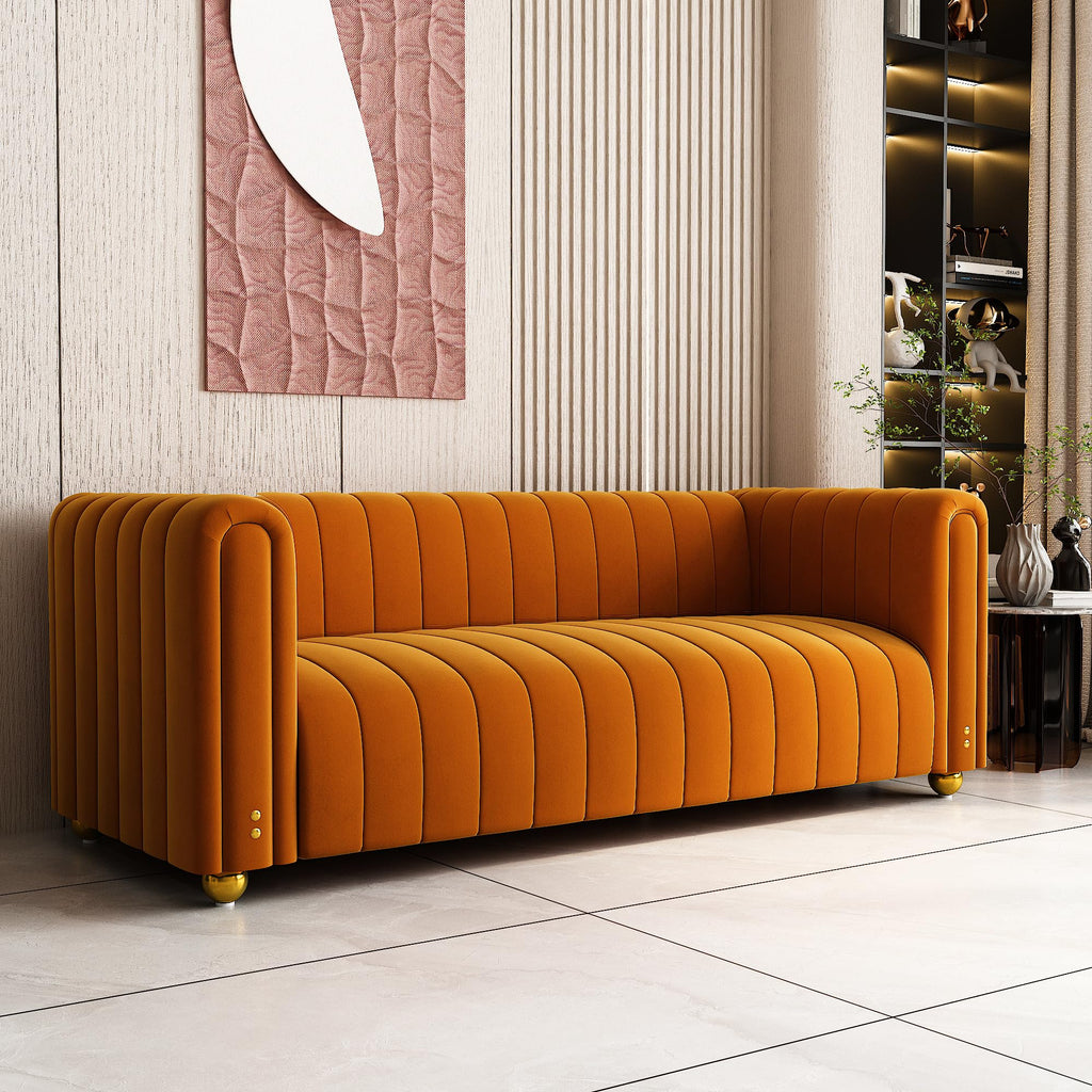 81" Orange Velvet Tufted Sofa 3 Seater with Metal Legs M139