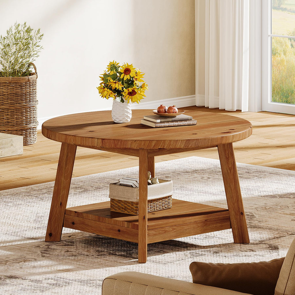 Solid Wood Round 2-Tier Coffee Table with Storage Shelf D1569