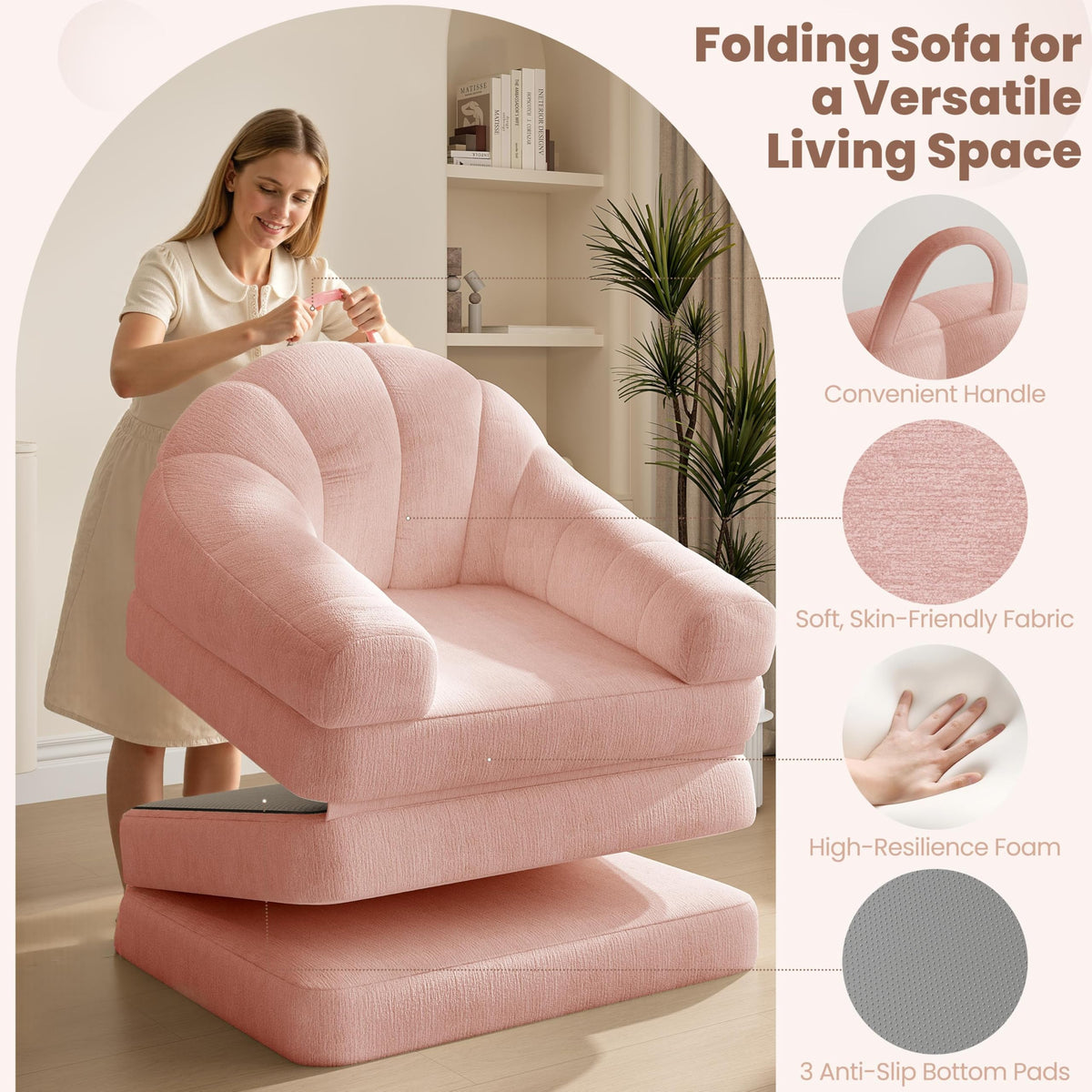 Pink Chenille Convertible Sofa Bed H1711