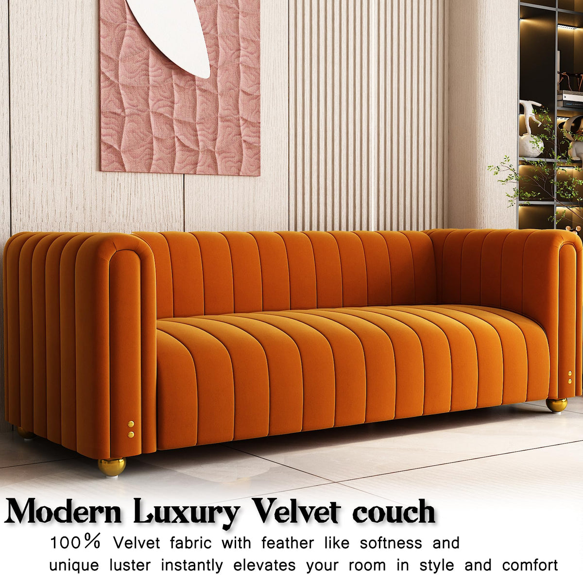 81" Orange Velvet Tufted Sofa 3 Seater with Metal Legs M139