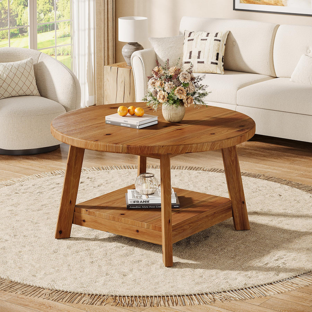 Solid Wood Round 2-Tier Coffee Table with Storage Shelf D1569