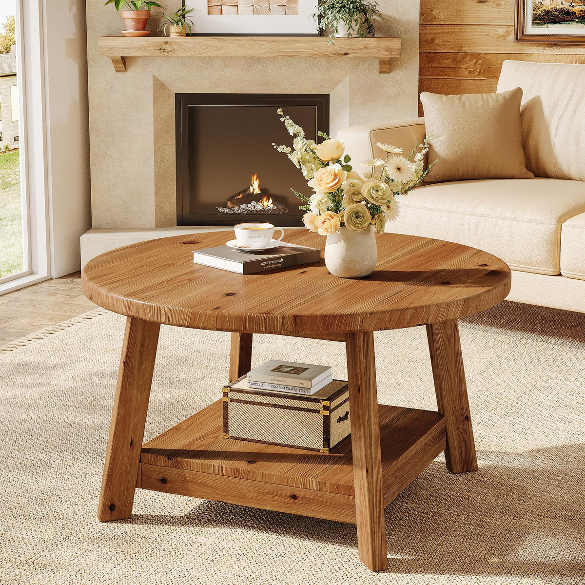 Solid Wood Round 2-Tier Coffee Table with Storage Shelf D1569