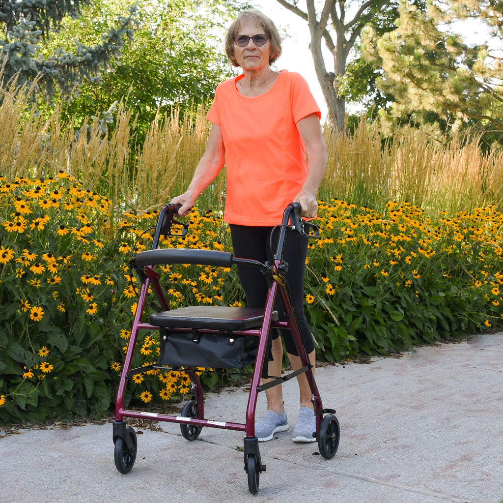 Aluminum Rollator Walker with Seat, 6-inch Wheels, Foldable, Burgundy L3625