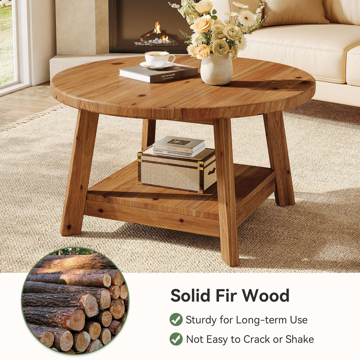 Solid Wood Round 2-Tier Coffee Table with Storage Shelf D1569