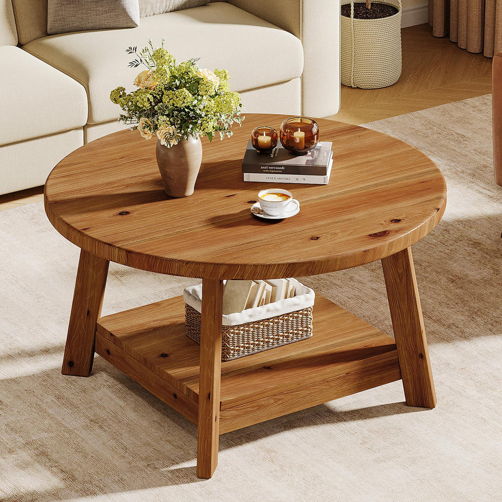 Solid Wood Round 2-Tier Coffee Table with Storage Shelf D1569